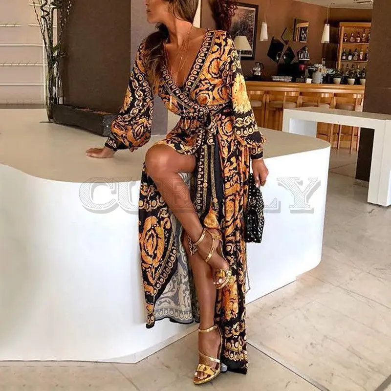 Image 2019 New Style Fashion Elegant Women Sexy Boat Neck Glitter Deep V Neck Print Party Dress Formal Long Dress Sexy Clubwear