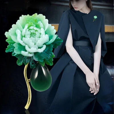 7 стилей высокого качества Модные полудрагоценный камень зеленый халцедон Пион Форма Цветка, брошь на шпильке, для женщин украшения в подарок паре - Окраска металла: 3
