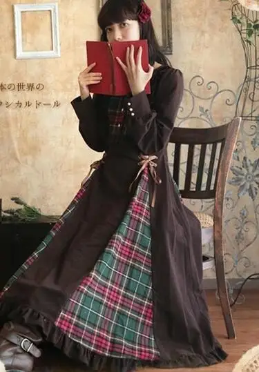 Японское длинное платье в стиле Лолиты Мори для девочек; сезон весна-осень; лоскутное коричневое платье - Цвет: Image Color