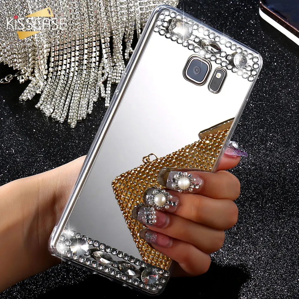 KISSCASE зеркальный чехол для Samsung S6 S7 Edge S8 S блестящий со стразами galaxy j5 2017 s9 J7
