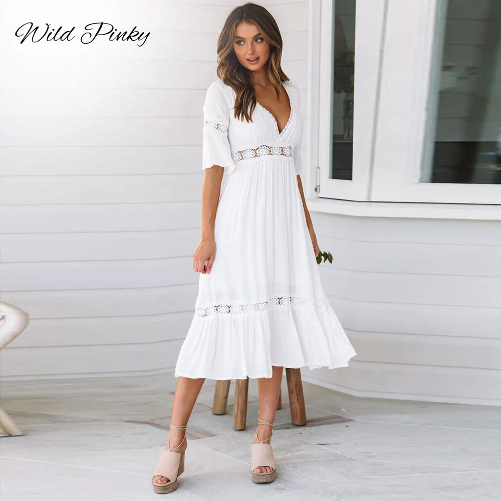 WildPinky New White Lace Up Long Sexy Dress Women Summer V-neck Hollow Out Party Bohemian Dress Casual Feminino Dresses Vestidos