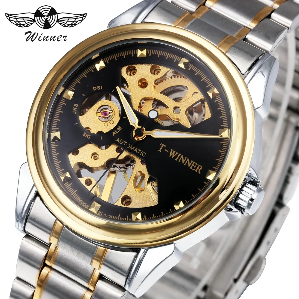Победитель бизнес классический для мужчин Золотой механические часы металлический ремешок Скелет циферблат мода Римский стиль мужской