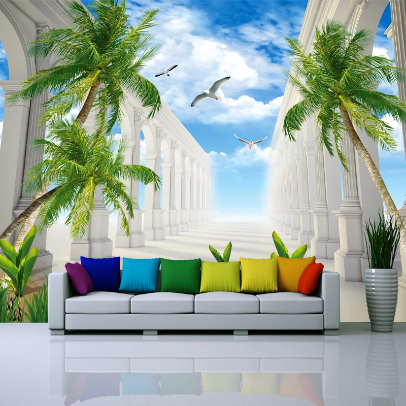 murals TV setting wall paper background wallpaper coconut trees, blue sky  white clouds contracted sitting room sofa - AliExpress