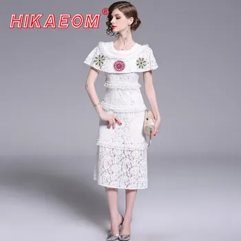 

Ladies And Women's Layers Lace Dresses Summer 2019 Short Sleeve New Round Neck Lace Embroidered Hook Cloak Angel Dress