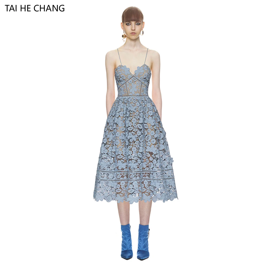

2018 women spring summer new arrived elegant bodycon 3d floral sexy spaghetti strap backless party formal lace runway dress