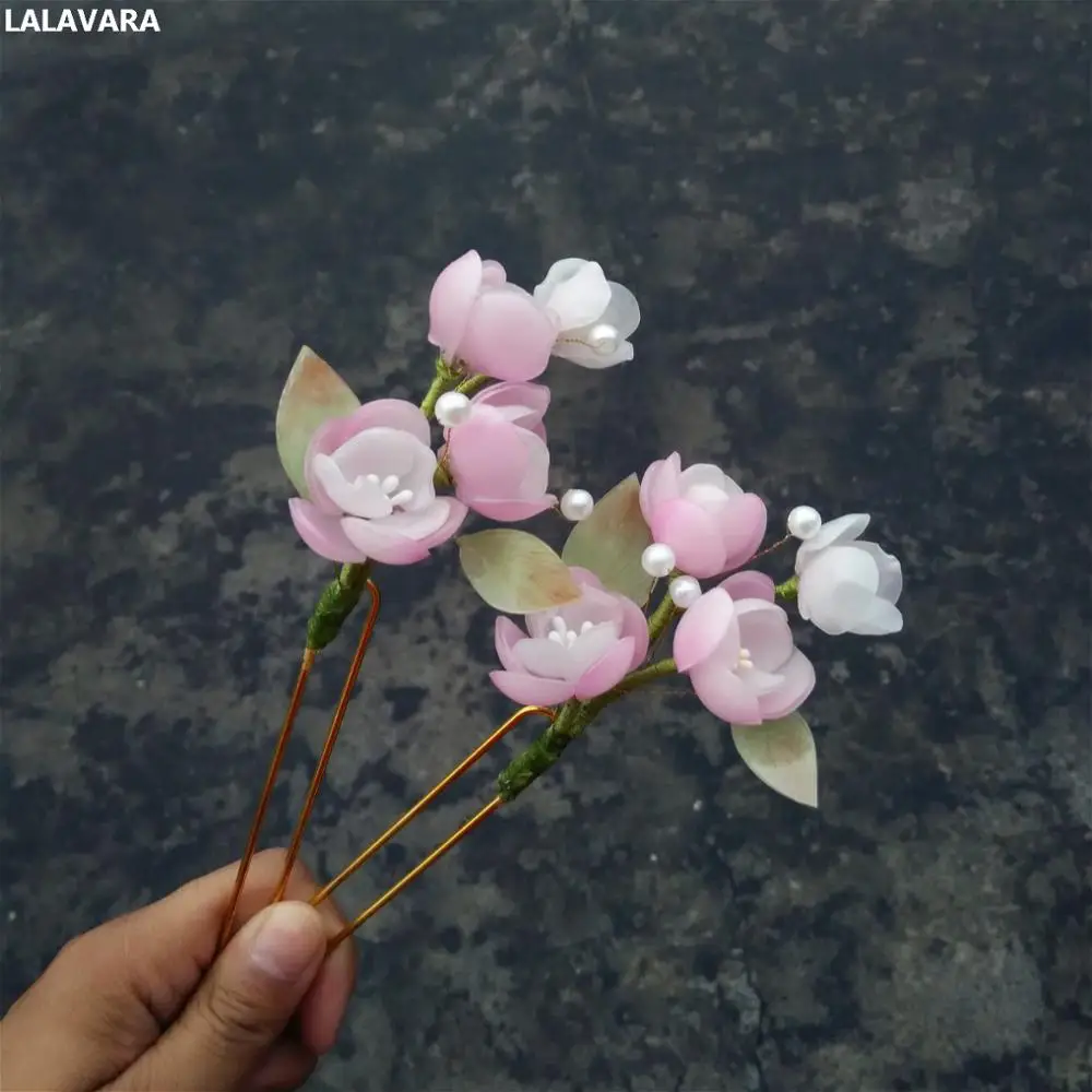 

LALAVARA 2pcs custom made women hair accessories Chinese vintage Kanzashi pink resin blooms hairpins