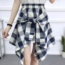 Модная женская юбка летняя с высокой талией женское платье клетчатая хлопковая Тюлевая юбка нерегулярные короткие юбки для женщин клетчатая повязка