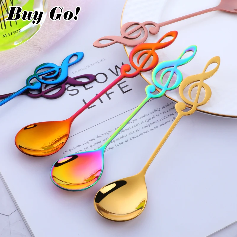 

8 Color 18/8 Stainless Steel Tea Spoons Big Coffee Spoons Creative Music Symbol Spoons For Ice Cream Dessert Tea Party Tableware