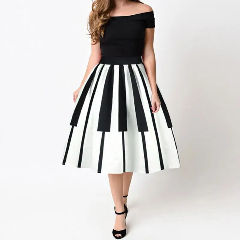 

New 3D Black White Piano Key Print Pleated Skirt Women Elegant Summer High Waist Knee Length Midi Umbrella Skirts Female