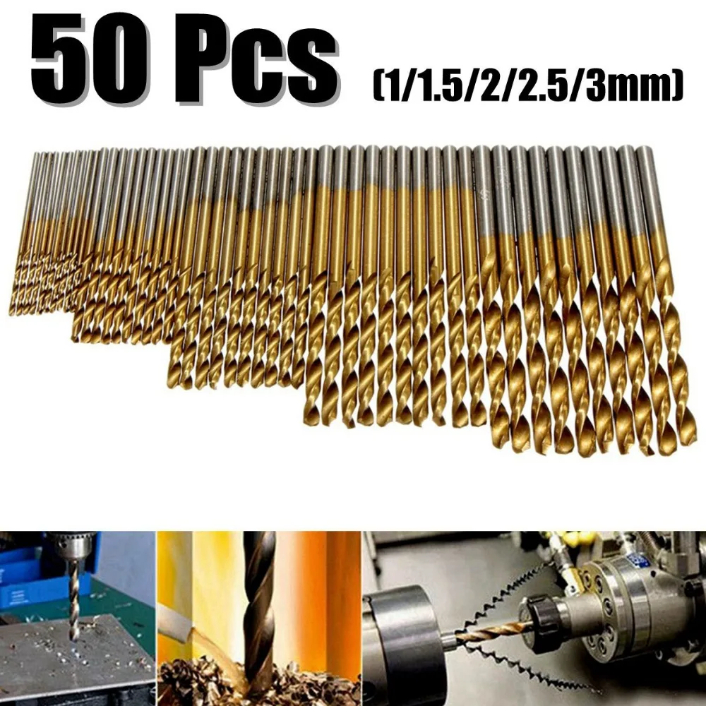  Hot Selling 50Pcs Titanium Coated Drill Bits HSS High Speed Steel Drill Bits Set Tool High Quality 