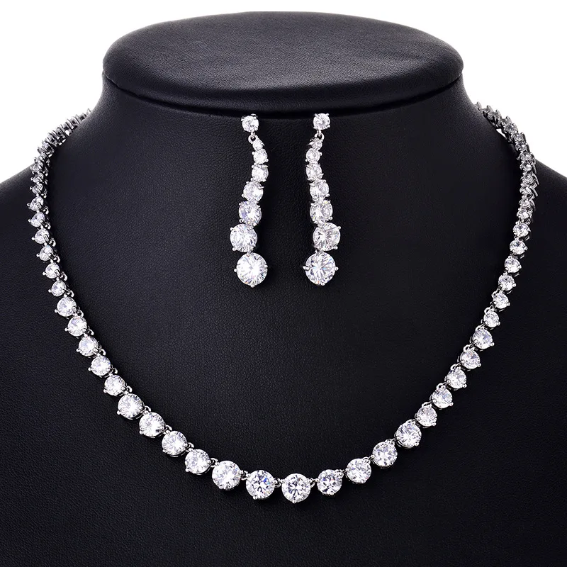 Gorgeous Inlay Full Small CZ Stone Around In Round Cubic Zirconia Necklace And Earrings Luxury Crystal Bridal Jewelry Sets | Украшения и
