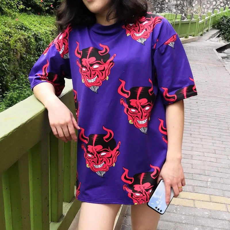 Осенняя футболка с рисунком дьявола, Корейская женская футболка ulzzang большого размера, harajuku, футболки с длинным рукавом, повседневные свободные топы для девочек