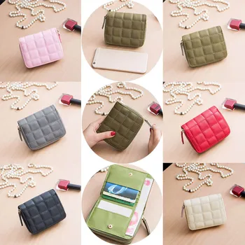 

Women Short Wallets PU Leather Female Plaid Purses Nubuck Card Holder Wallet Small Zipper Wallet With Coin Purse New