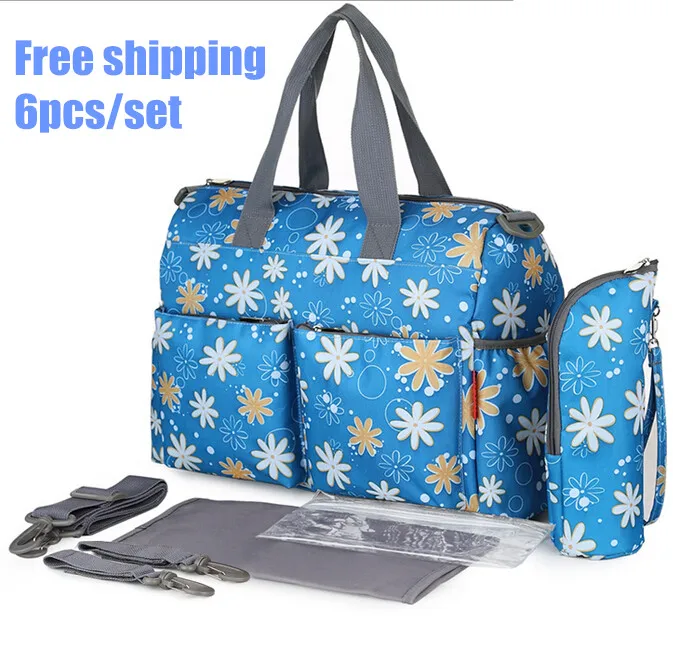 2016 NEW arrival Fashion Mother Bag Baby Nappy Bags Large Capacity Maternity Mummy Diaper Bag Cotton Flower Style 6pcs/set