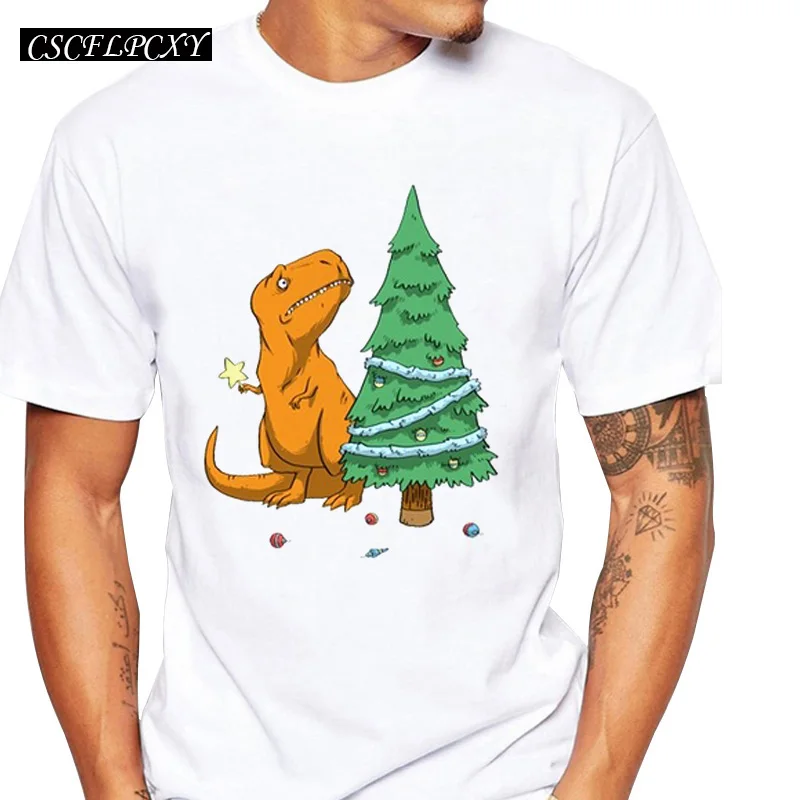Динозавр с елкой Для мужчин футболки О-образным вырезом топы с короткими рукавами с героями мультфильмов Футболка с принтом модные TeesCSCFLPCXY