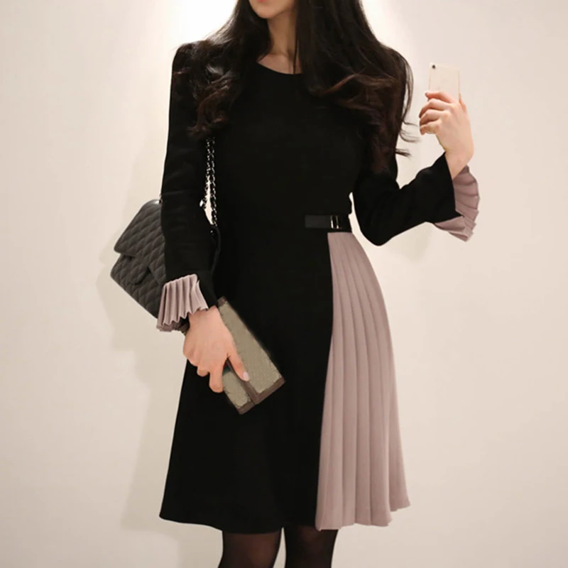 

2019 Korean Spring Elegant Hit Color Patchwork Pleated Dress Women Work Wear OL Business Round Neck Flare Sleeve Slim Vestidos