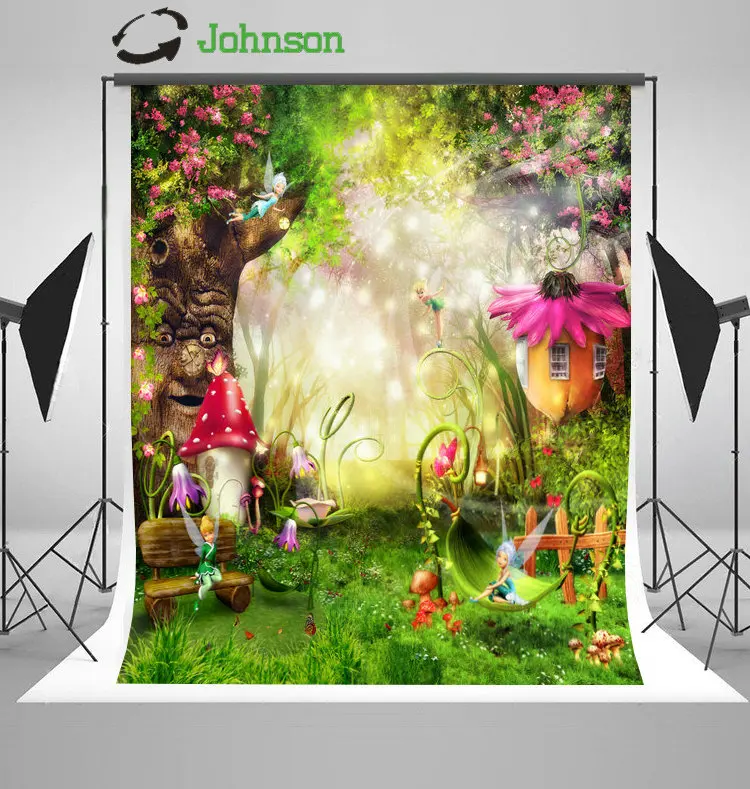 Enchanted Forest Flower Tree Elf Mushrooms Fence Cottage backdrop Vinyl cloth Computer print children kids background | Электроника