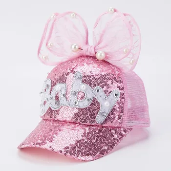 

2018 Children Girl Pearl Sequin Sun Hat Baseball Cap Bowknot Mesh Sun Visor Adjustable Hat