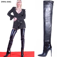Новинка; модные сапоги до бедра на высоком каблуке; женские Сапоги выше колена с острым носком; модная женская зимняя обувь на шпильке