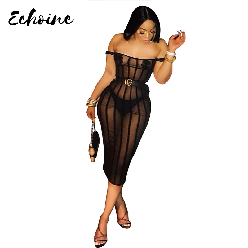 

Echoine Sexy Women Slash Neck Off Shoulder Mesh Striped See Through Bodycon Night Club Party Midi Dress with Chest sticker