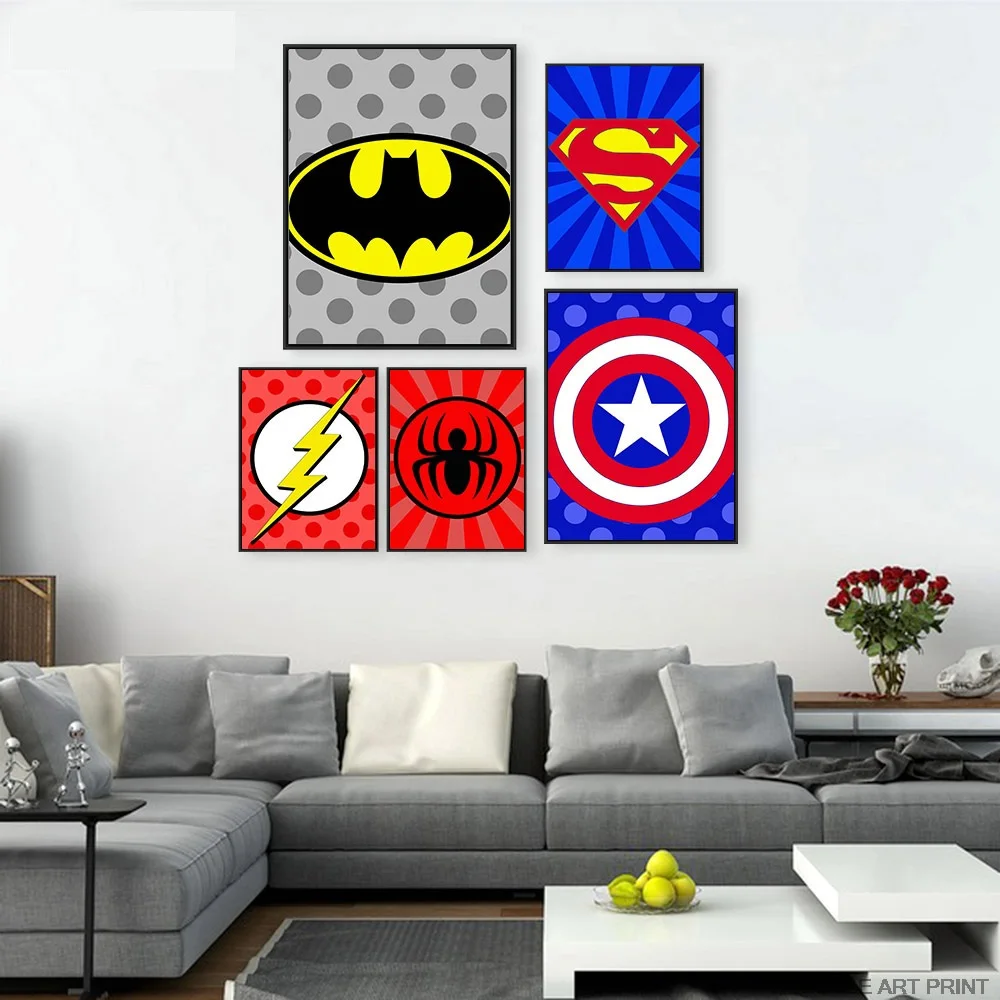 Us 2 27 37 Off Batman Superman Captain America Canvas Poster Painting Cartoon Superheroes Logo Wall Picture Children Room Decor In Painting