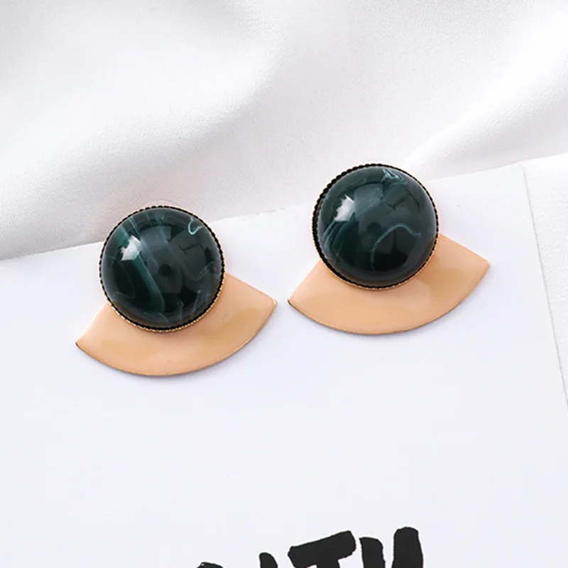 

2019 Pink Green Color Blocking Geometric Fan-shaped Geometric Small Stud Earrings For Women Back Wear Vintage Green Gem Studs