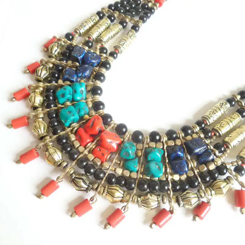 TNL575 тибетские ювелирные изделия многослойное бисерное ожерелье имитация бирюзы самородки лэмпворк бусины из Непала