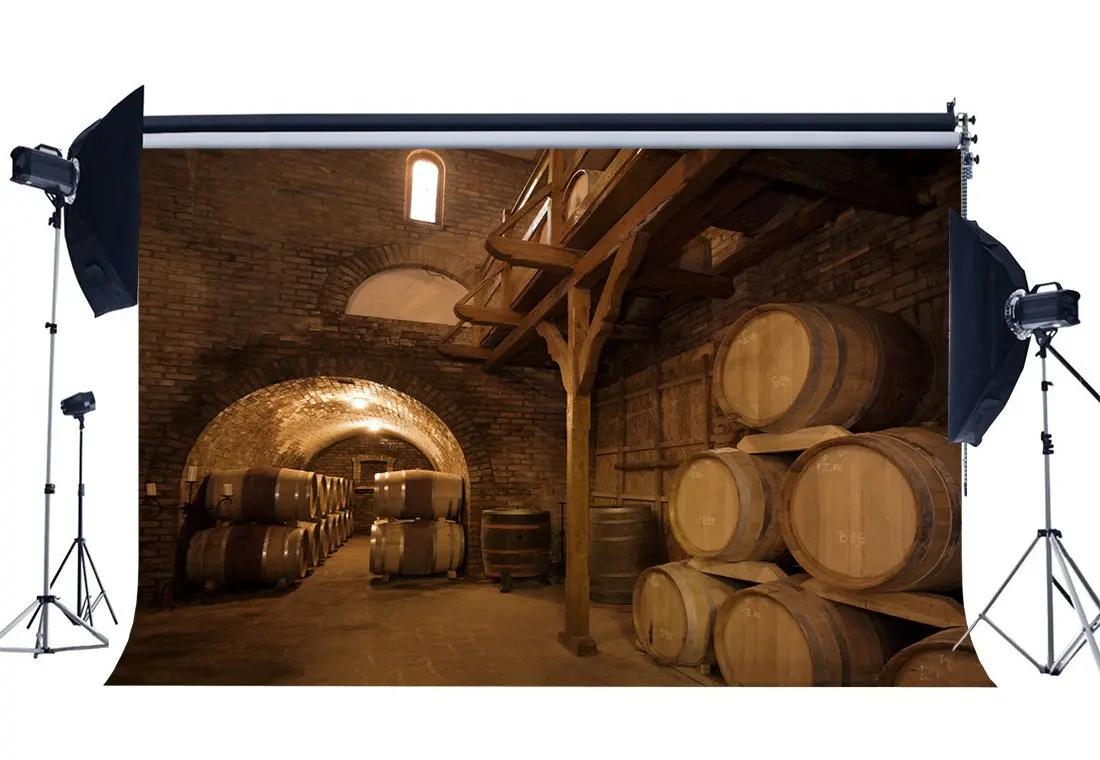 

Old Wine Cellar Backdrop Rustic Wood Cast Barrel Grunge Brick Arch Wall Shabby Wood Plank Background