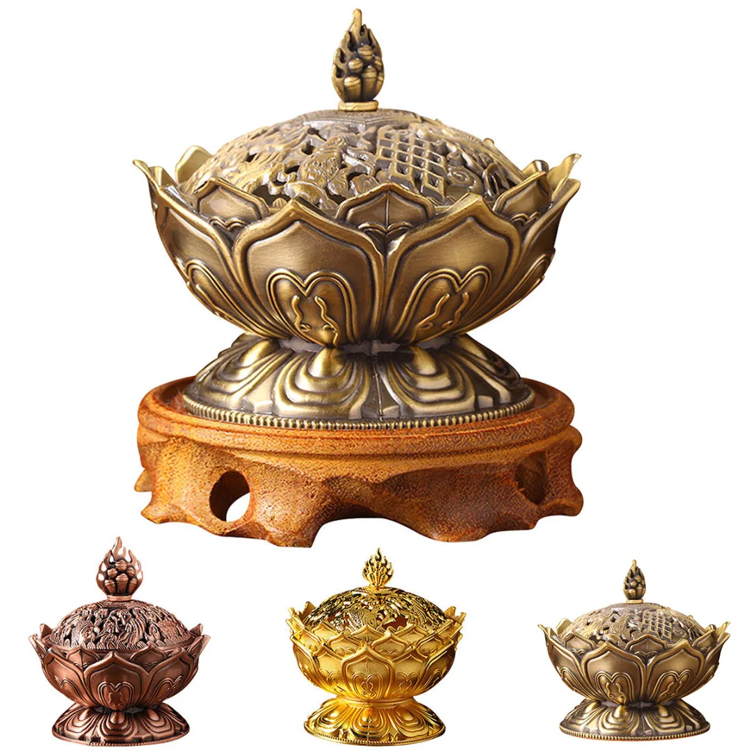 JX-LCLYL Alloy Chinese Lotus Hollow Cover Incense Burner Aromatherapy Censer Cone Holder