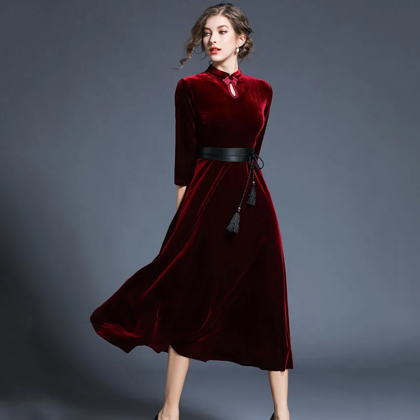 

2018 Spring Winter Dress Women 3/4 Sleeve Red Velvet Dress Retro Vintage Party Dresses Chinese Style Vestidos Mujer Robe Femme