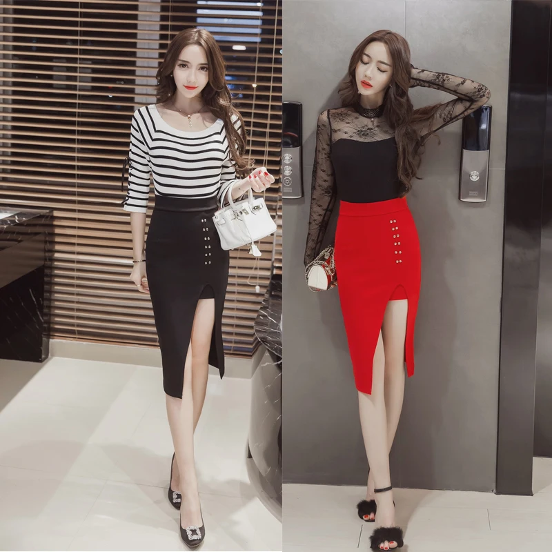 MSSNNG 2018 Slim split high waist bag hip skirt long skirt elegant professional skirt step skirt (6)