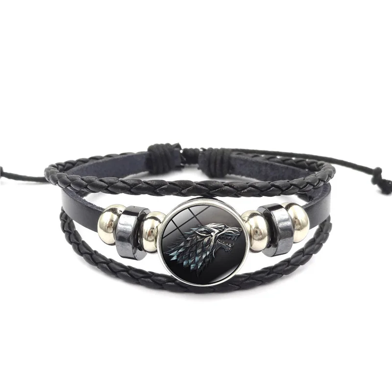 

Game of Throne Glass buckle Bracelet House Stark Wolf Jewelry Handmade DIY Punk Multilayer Black Leather Bracelet men women gift