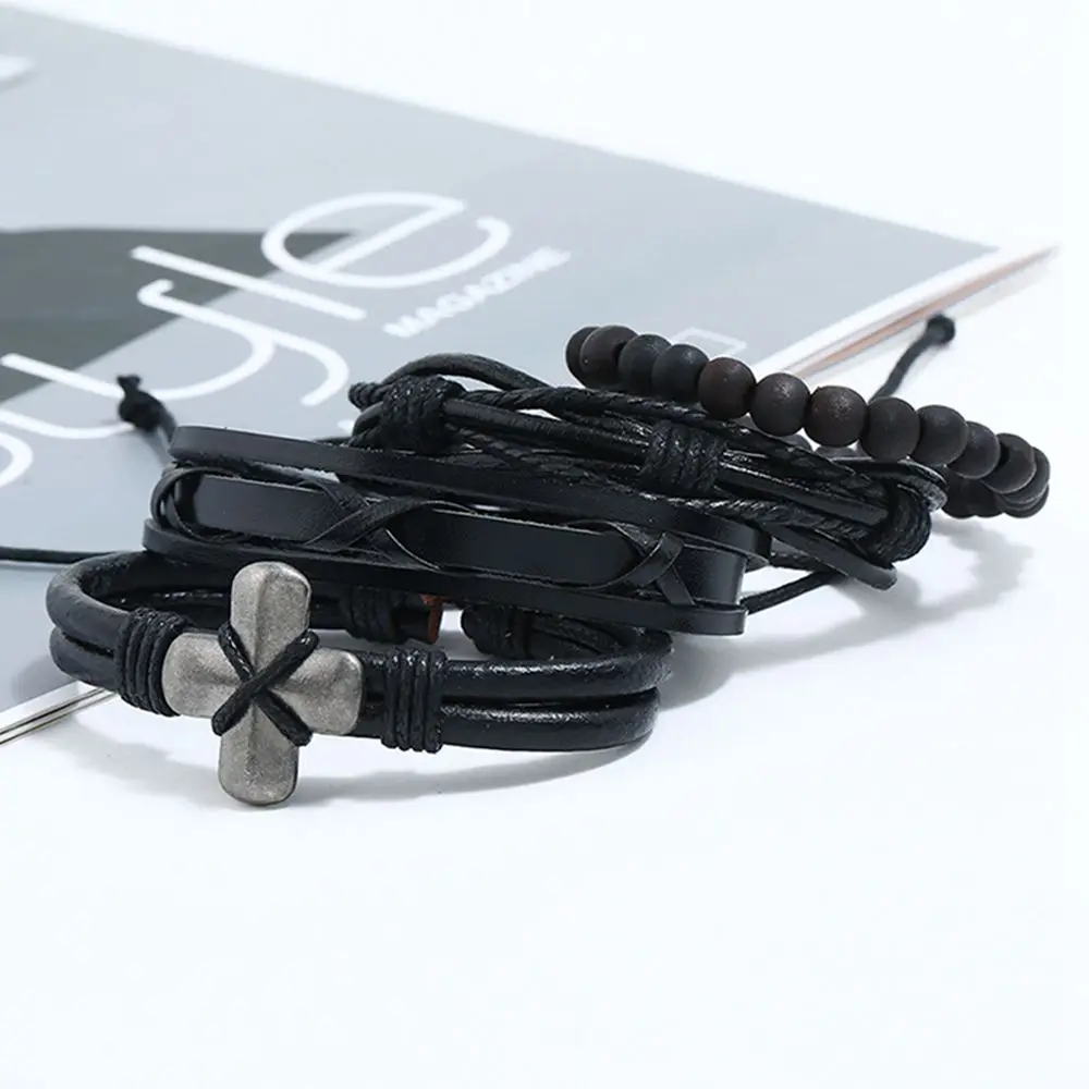 Ретро Винтаж 4 шт. деревянный кожаный браслет с бусинами набор мужской модный многослойный веревочный браслет и браслеты ручной работы ювелирные изделия