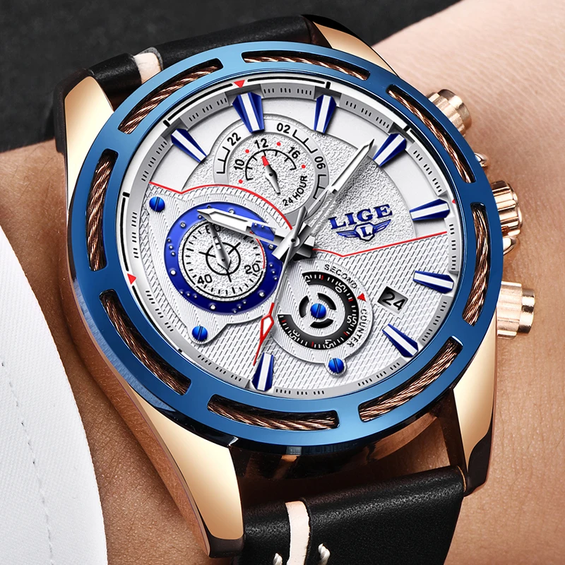 

LIGE Mens Watches Top Luxury Brand Fashion Sports Watch Men Clock Military Waterproof Leather Quartz Watch Relogio Masculio+Box
