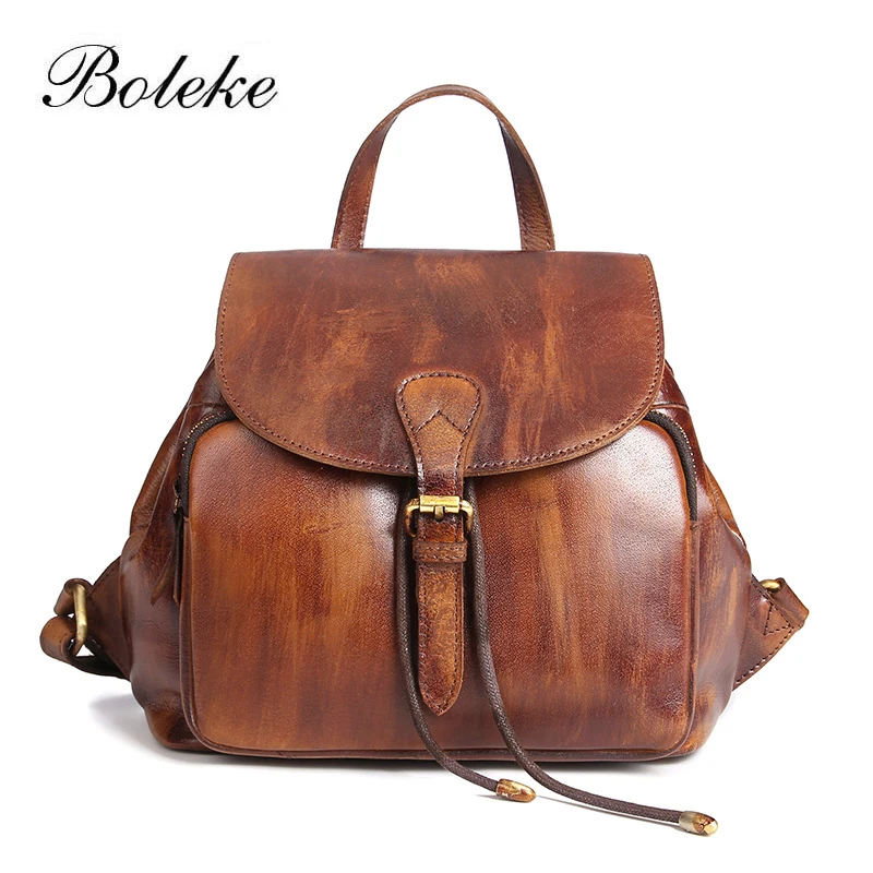 

Women Cowhide Genuine Leather Backpack Vintage Brush Color Leather School Bag for Teenager Small Fashion Korean Backpacks 8851
