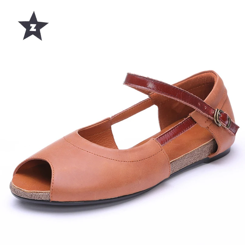 

Z genuine leather women shoes retro fish mouth metal buckle flat shoes women sandals summer women leather shoes size 35-40