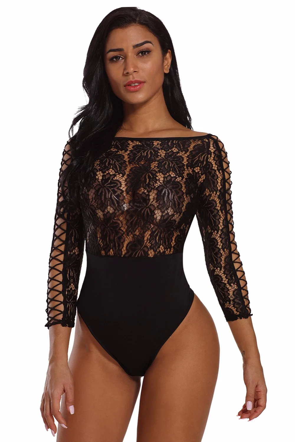 Black-Lace-Lattice-Sleeve-Bodysuit-LC32092-2-4