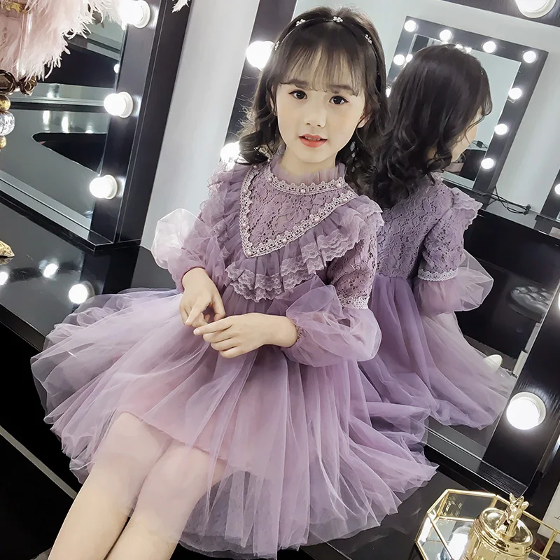 Children long sleeve ball gowns mesh lace dress cute fashion korean