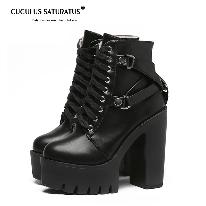 

Cuculus Fashion Black Martin Boots Women Spring Autumn Lace-up Soft Leather Platform Shoes Woman Party Ankle Boots High Heels
