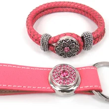 Розовый CZ Цветок Металлическая пуговица кожаный браслет и кожа Брелоки ювелирные для мода подарок комплект ювелирных изделий