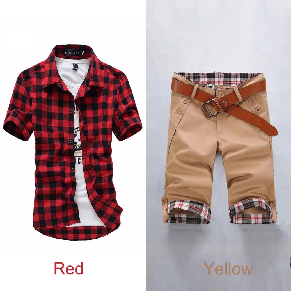 2018 3 Color Plaid Shirt Men Shirts New Summer Shirts+Loose Cargo Shorts matching Beach Casual Cotton Capris Short Pants belt
