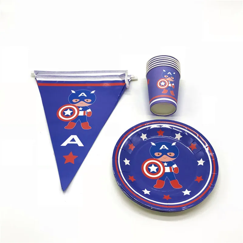 

Captain America Theme 36Pcs/Lot Disposable Paper Cups+Plates+Flags Child Birthday Party Marvel Cartoon Banners Decoration Supply