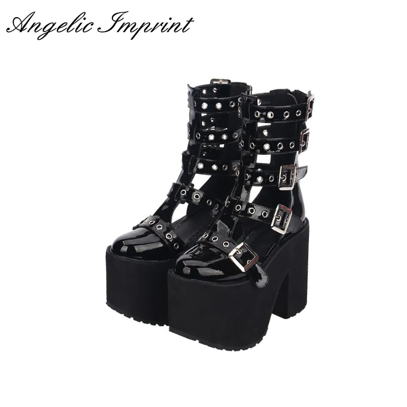 melhor Mulheres Grosso Plataforma Fivela Cintas Sandálias Botas de Verão Botas Sandálias Japão Harajuku Do Punk Preto Cosplay