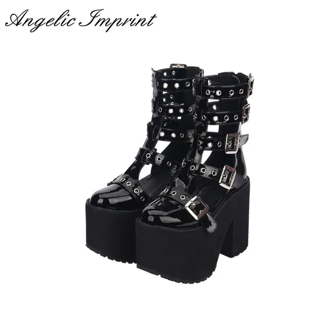 Women Thick Platform Buckle Straps Summer Boots Sandals Japan Harajuku Black Punk Cosplay Sandals Boots