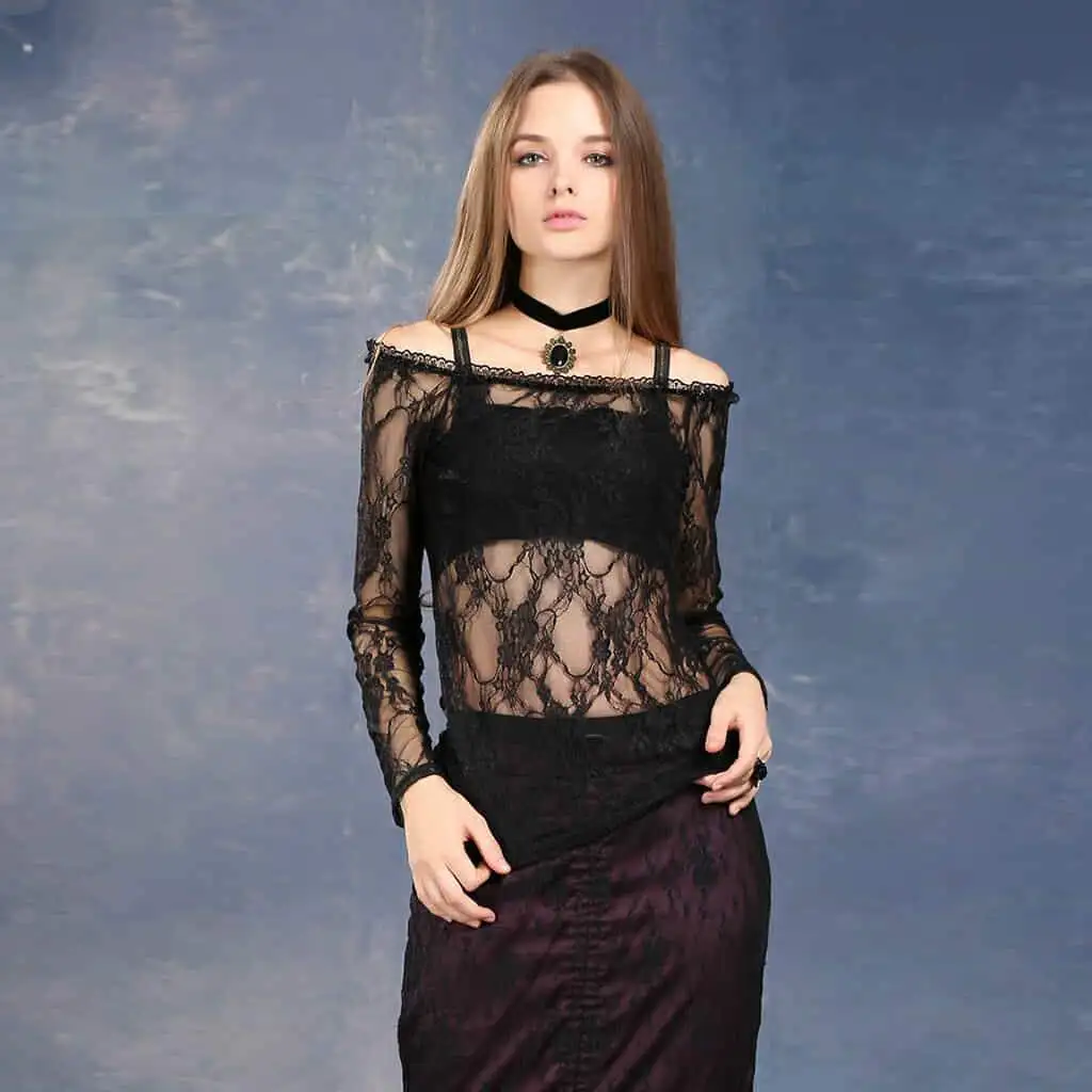 

Darkinlove Women's Off Shoulder Lace Sexy Gothic Top Hollow Out Rose Sexy Club Wear T-shirt