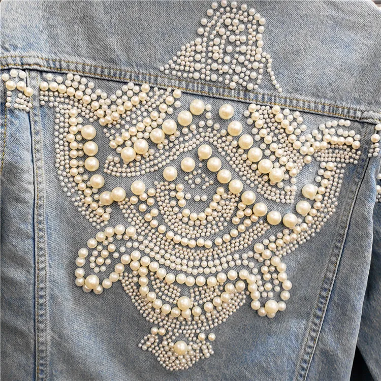 discount Vintage Women Jean Jacket Pearls Beading 2019 Spring Long Sleeve Pockets Denim Jackets Women Loose