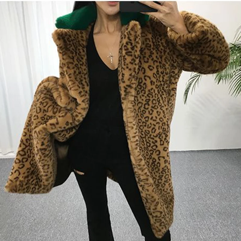 Chic 2019 New Women Leopard Long Faux Fur Coat Elegant Cozy Rex Rabbit