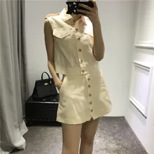 Crop Top And Skirt Set Real 2017 Summer New Casual Cotton And Linen Lapel Vest Shirt + Pants Skirt Two Sets Of Suit Female