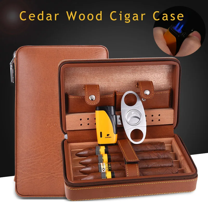 

COHIBA Beautiful Gadgets Portable Leather Case Travel Cedar Wood Cigar Humidor with Torch Jet Flame lighter Metal Cutter Set