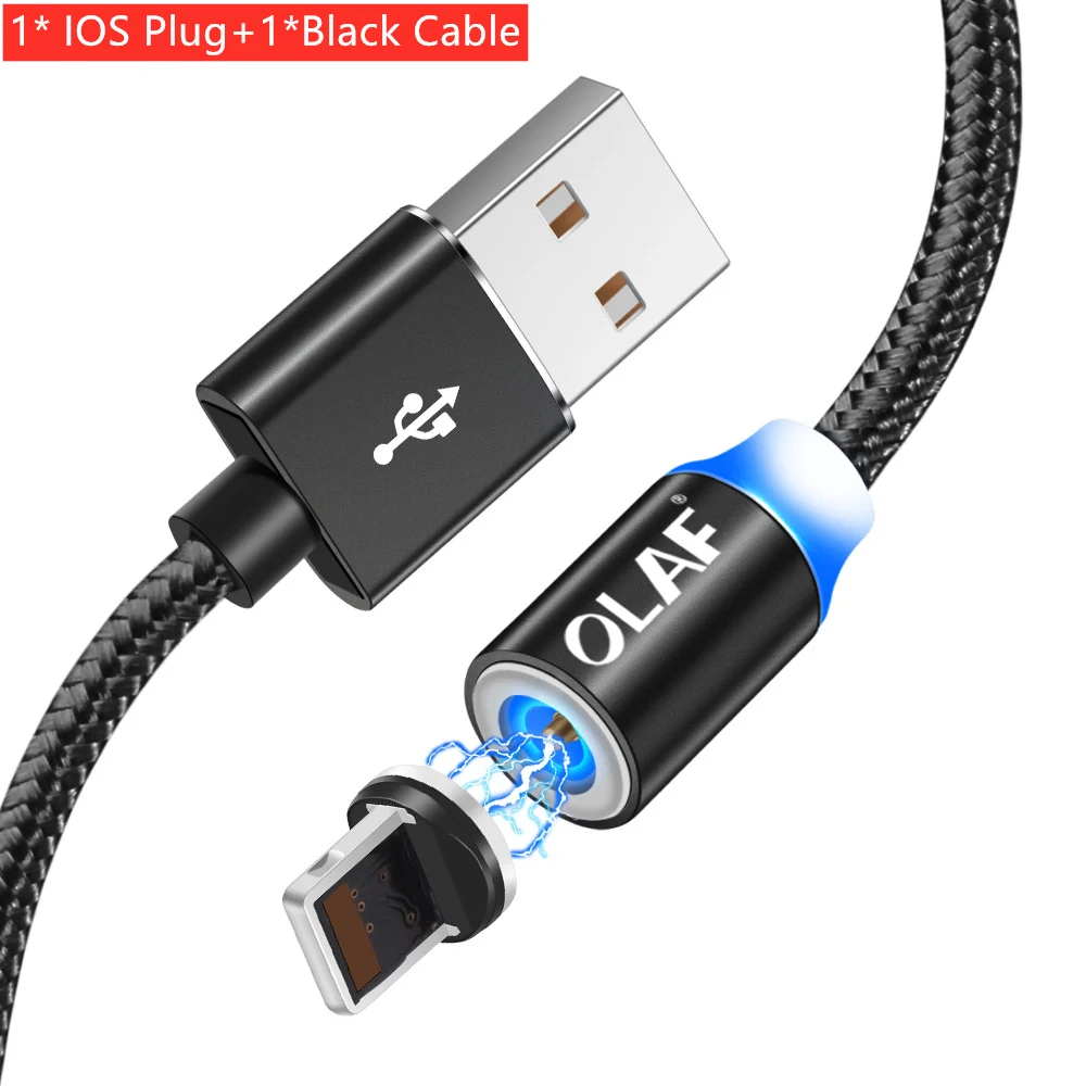 Магнитный светодиодный кабель OLAF, нейлоновый кабель Micro usb type C для iPhone X, XS, Max, samsung, S9, S8, huawei, Xiaomi, USB-C, магнитный шнур для зарядного устройства - Цвет: Black For IOS